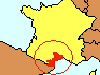 The Languedoc-Roussillon on the Mediterranean coast in the South of France, highlighted in red